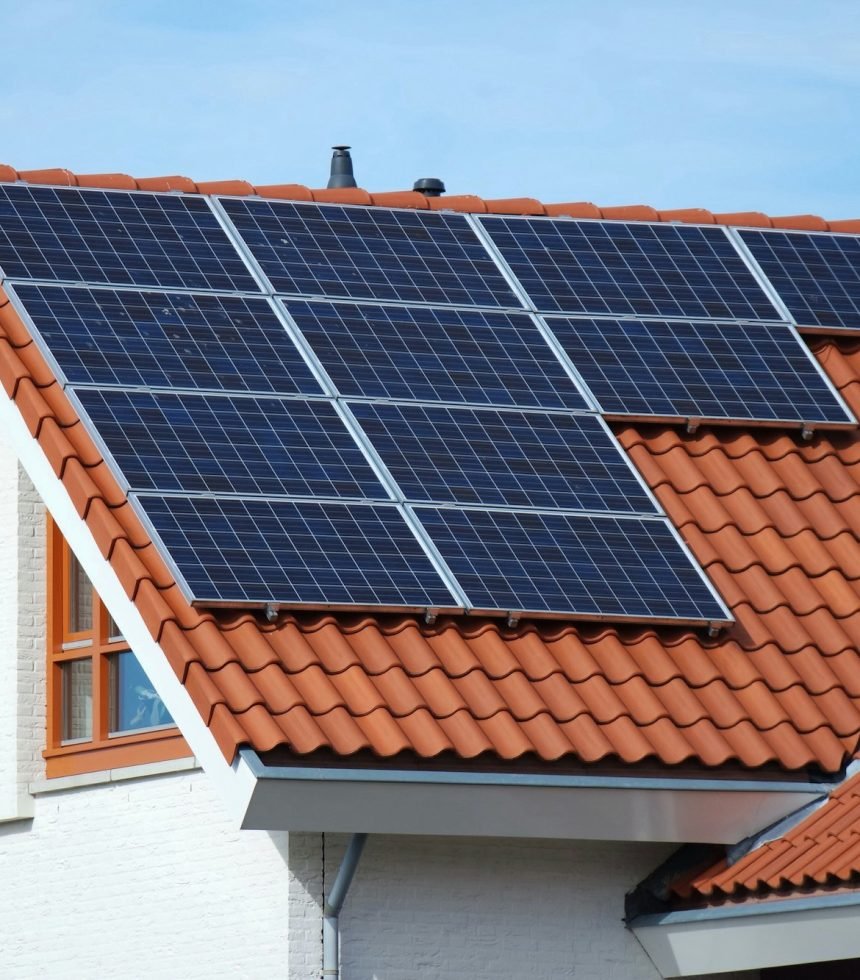 Roof top with solar panels for green energy.